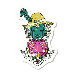 sad half orc bard character with natural one d20 roll illustration