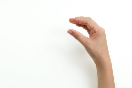 Woman hand measuring invisible items isolated on white background