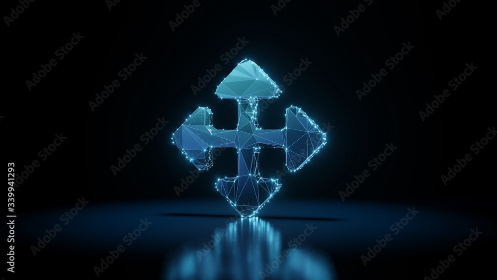 Poster 3d rendering wireframe neon glowing symbol of four direction arrows on black background with reflect