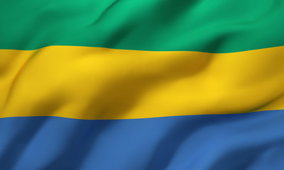 Flag of Gabon blowing in the wind. Full page Gabonese flying flag. 3D illustration.