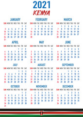 Kenya Calendar with flag. Month, day, week. Simply flat design. Vector illustration background for desktop, business, reminder, planner