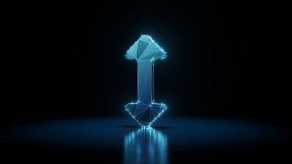 3d rendering wireframe neon glowing symbol of double vertical arrow on black background with reflection