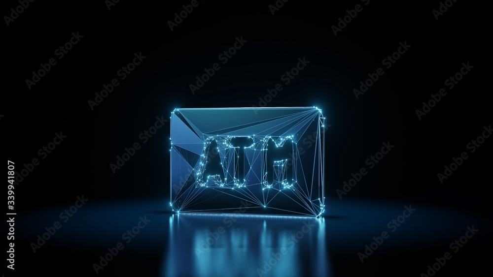 Poster 3d rendering wireframe neon glowing symbol of atm sign on black background with reflection
