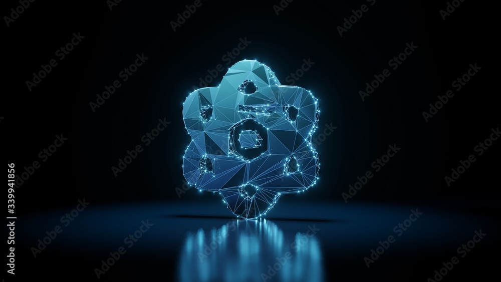 Poster 3d rendering wireframe neon glowing symbol of atom on black background with reflection