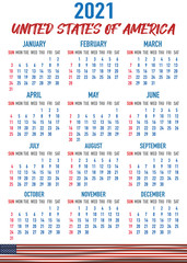United States of America, USA Calendar with flag. Month, day, week. Simply flat design. Vector illustration background for desktop, business, reminder, planner