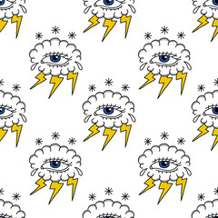 cloud with eye illustration traditional tattoo flash seamless doodle pattern