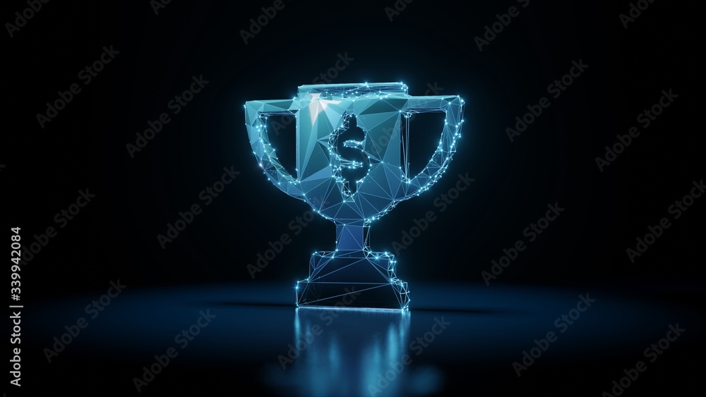 Poster 3d rendering wireframe neon glowing symbol of cup award on black background with reflection