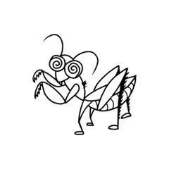 Outlined illustration hand-drawn praying mantis isolated on white background for children learning and colouring. Vector graphic.