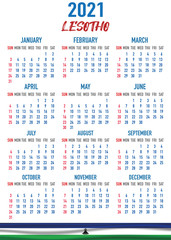 Lesotho Calendar with flag. Month, day, week. Simply flat design. Vector illustration background for desktop, business, reminder, planner