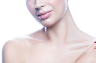 Lips, neck, part of beauty face with perfect skin of cute young woman. Skincare health body care facial treatment concept