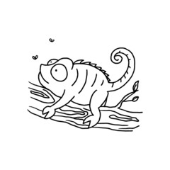 Outlined illustration hand-drawn chameleon isolated on white background for children learning and colouring. Vector graphic.