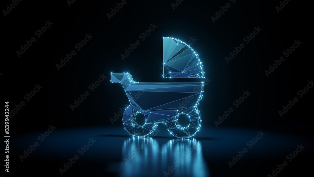 Poster 3d rendering wireframe neon glowing symbol of baby stroller on black background with reflection
