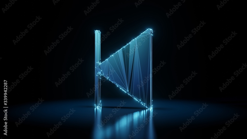 Poster 3d rendering wireframe neon glowing symbol of stop back left on black background with reflection