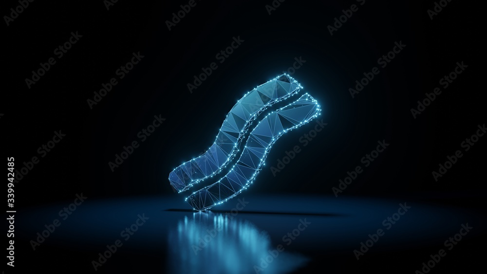 Poster 3d rendering wireframe neon glowing symbol of bacon on black background with reflection