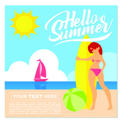 Hello Summer Beach Girl Theme Background Design