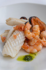 Fancy FISH AND SEAFOOD with soup on a white plate with a white background