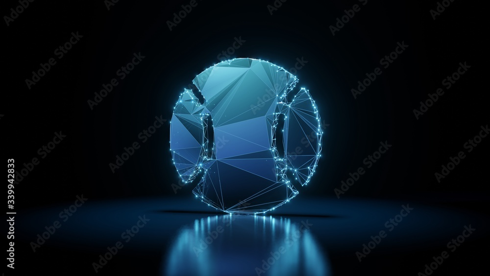 Poster 3d rendering wireframe neon glowing symbol of baseball ball on black background with reflection