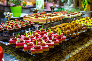 Traditional Turkish sweets at the open buffet in a hotel in Turkey