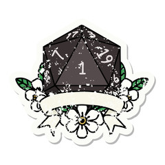 natural one d20 dice roll grunge sticker