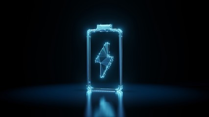 3d rendering wireframe neon glowing vertical symbol of charging empty battery on black background with reflection
