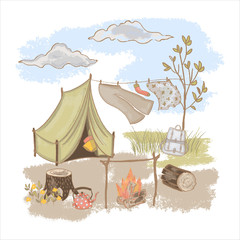 SPRING CAMPING Rest At Nature Picnic Holiday Hand Drawn Cartoon Vector Illustration Set for Print Fabric and Design