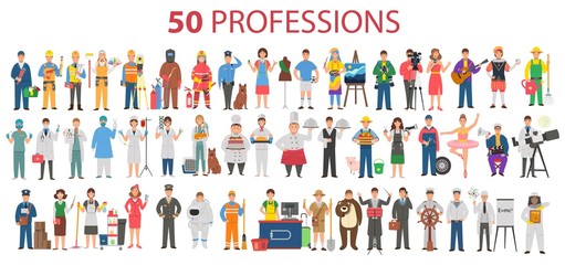 50 professions. Big set of professions in cartoon flat style for children. International Workers' Day, Labour Day - obrazy, fototapety, plakaty
