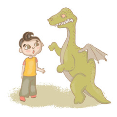 WHAT'S UP Cartoon Fairy Tale Funny Emotional Dragon Boy Grunge Hand Drawn Vector Illustration for Print Fabric and Decoration