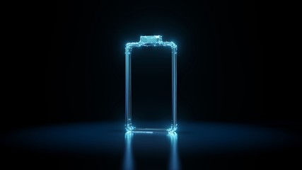 3d rendering wireframe neon glowing vertical symbol of empty battery  on black background with reflection