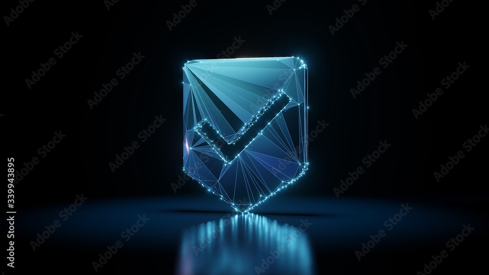Poster 3d rendering wireframe neon glowing symbol of been here marker on black background with reflection