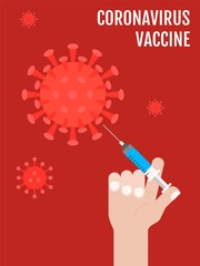 Hand injecting coronavirus with syringe vector illustration