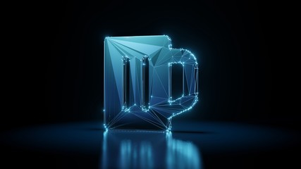 3d rendering wireframe neon glowing symbol of glass of beer on black background with reflection