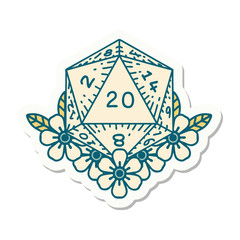 natural 20 D20 dice roll with floral elements sticker