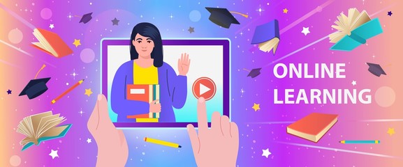 Hands holding a tablet and playing the video with a teacher, flying books, graduation caps. Online education, courses, training, e-learning, distance learning.  Cartoon vector illustration.