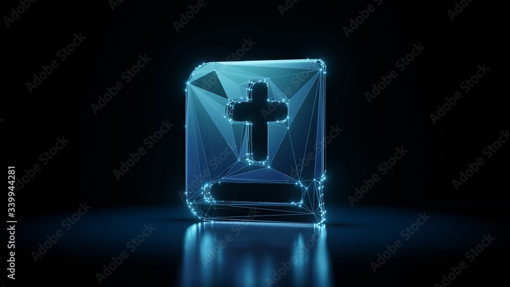 Poster 3d rendering wireframe neon glowing symbol of bible on black background with reflection
