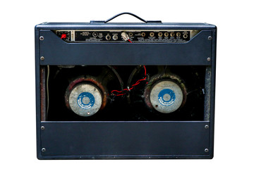 Isolated black vintage amplifier on white background with work path. back panel view.