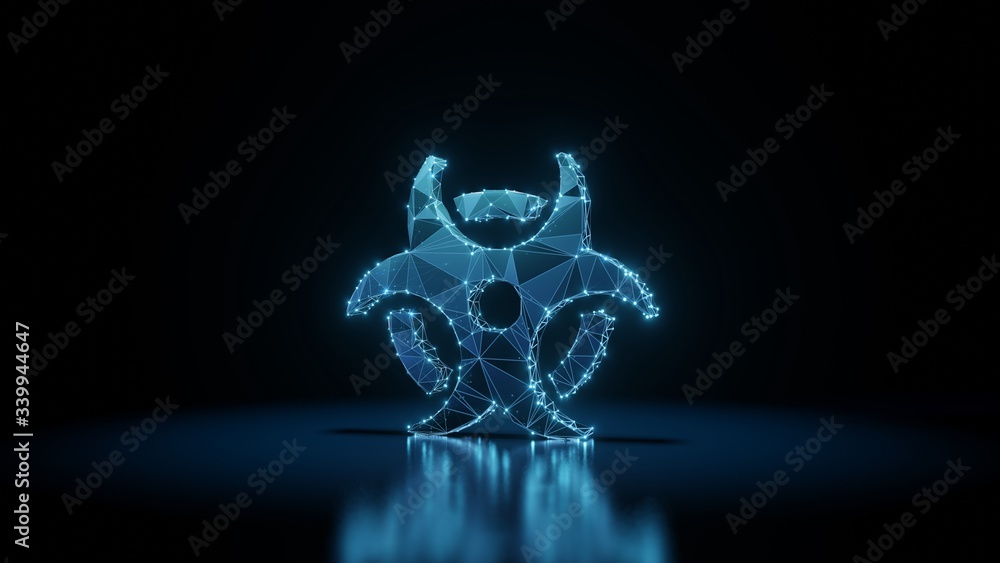 Poster 3d rendering wireframe neon glowing symbol of biohazard on black background with reflection