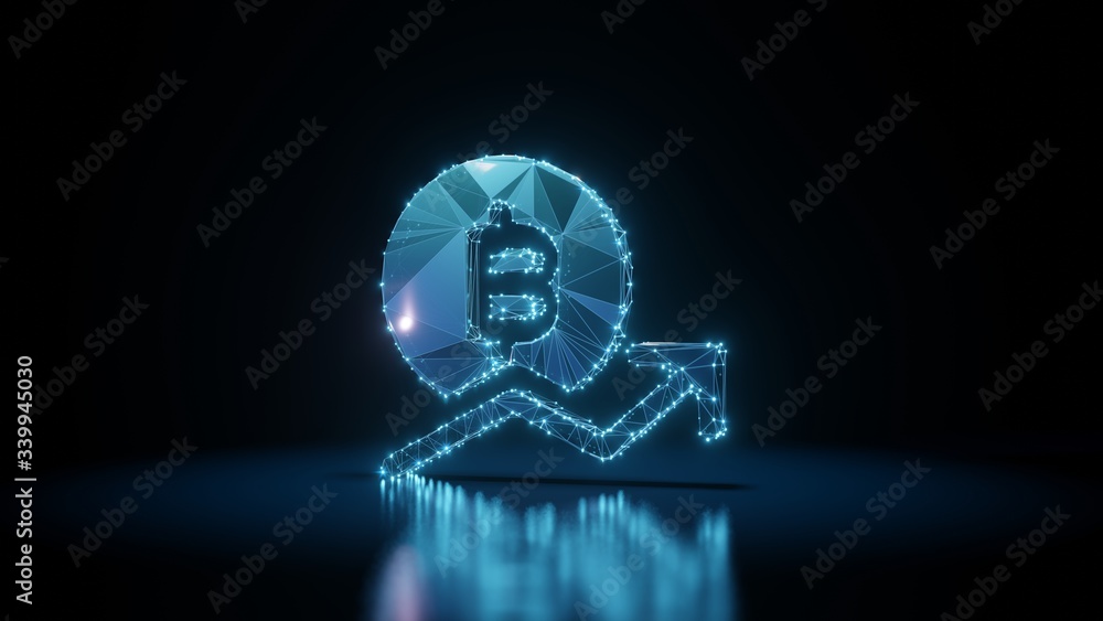 Poster 3d rendering wireframe neon glowing symbol of bitcoin trend on black background with reflection