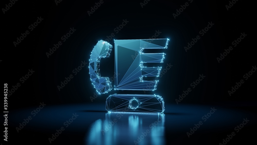 Poster 3d rendering wireframe neon glowing symbol of blender phone on black background with reflection