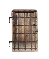 Old wooden closed door isolated on white background.