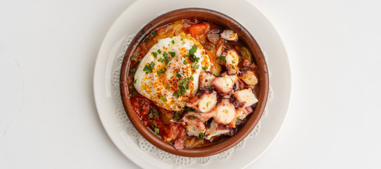Octopus ratatouille with an egg in a clay pot dish with a white background