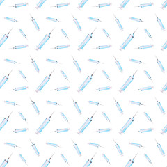 Watercolor syringe seamless pattern on white background.Hand-drawn mrdical object endless print for your design. Wallpaper.