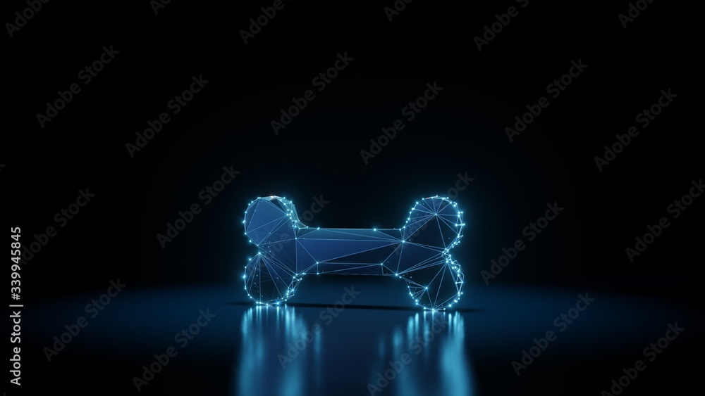 Aufkleber 3d rendering wireframe neon glowing symbol of bone on black background with reflection