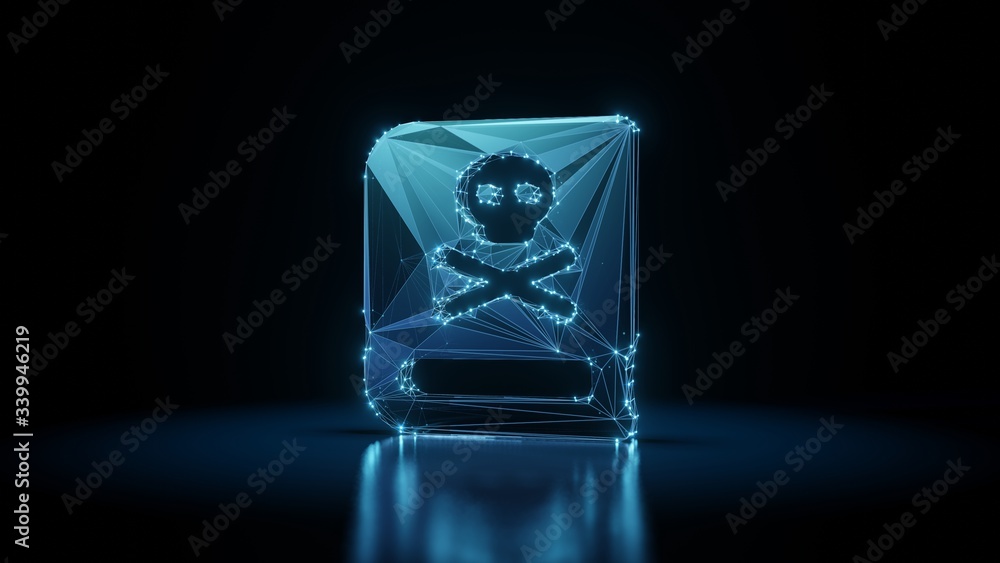 Aufkleber 3d rendering wireframe neon glowing symbol of book dead on black background with reflection