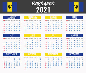 Barbados Calendar with flag. Month, day, week. Simply flat design. Vector illustration background for desktop, business, reminder, planner