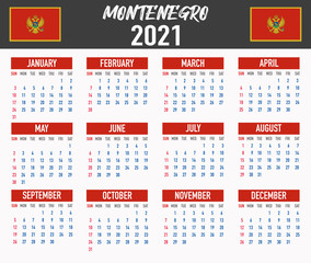 Montenegro Calendar with flag. Month, day, week. Simply flat design. Vector illustration background for desktop, business, reminder, planner