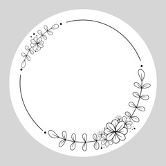 Doodle black line leaves and flower in circle. Large bouquet is on the bottom right, smaller is on the top left. Vector illustration for decorate logo, text, wedding, greeting cards and any design.