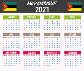 Mozambique Calendar with flag. Month, day, week. Simply flat design. Vector illustration background for desktop, business, reminder, planner