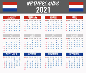 Netherlands Calendar with flag. Month, day, week. Simply flat design. Vector illustration background for desktop, business, reminder, planner