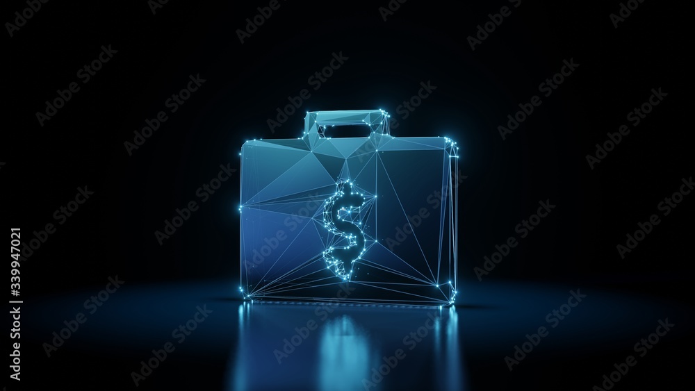 Poster 3d rendering wireframe neon glowing symbol of briefcase with money on black background with reflecti
