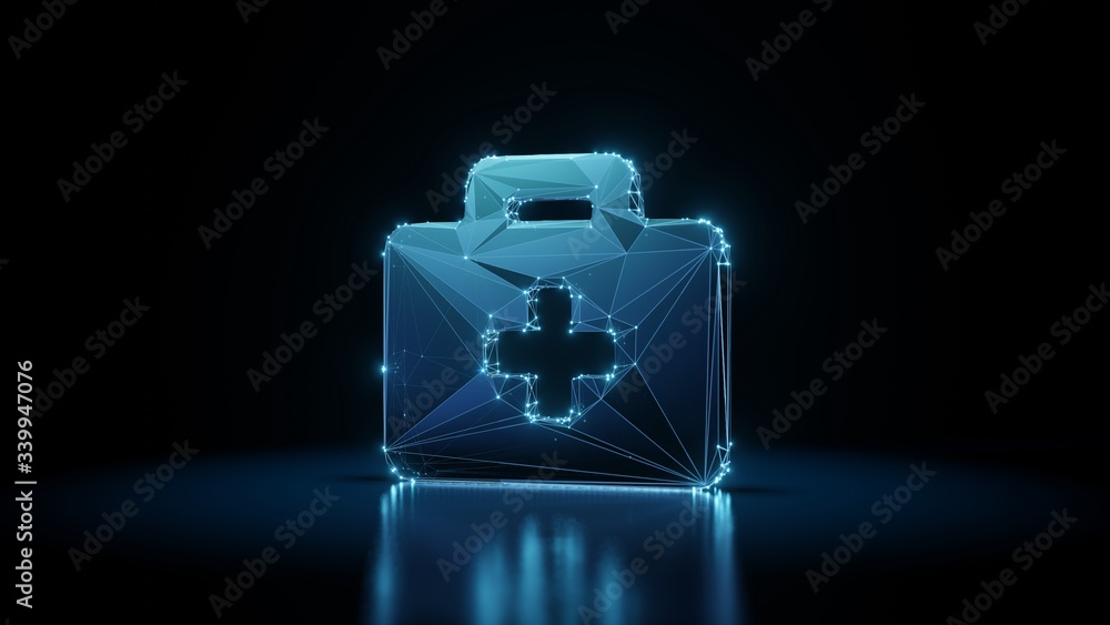 Poster 3d rendering wireframe neon glowing symbol of medical briefcase on black background with reflection